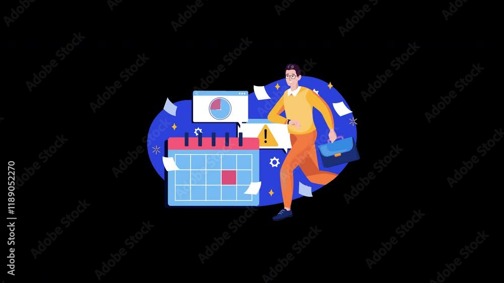 Aufkleber a european man running with a briefcase, surrounded by charts and a calendar, illustrating productiv