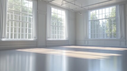 Fototapeta premium Sunlit empty white room with large windows and hardwood floor.