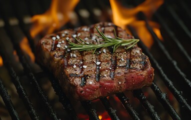 Grilled entrecote beef steak on the barbecue, enhanced with rosemary sprigs, cracked black pepper, and sea salt, with flames in the background and mouthwatering grill marks