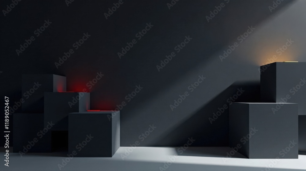 Poster Abstract Minimalist Dark Room Scene with Illuminated Geometric Platforms