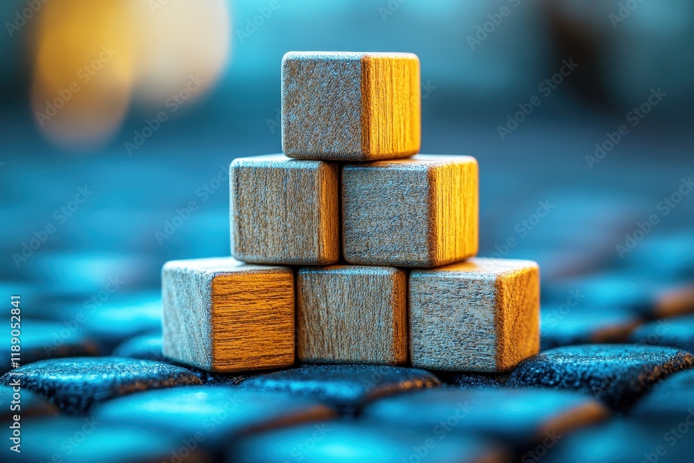 Poster wooden building blocks stacked in a creative formation with soft lighting and textured background fo