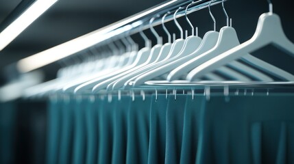 Fototapeta premium Teal pants hanging on white hangers in a modern closet.