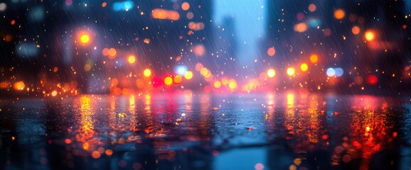 Obraz premium Rainy night city street reflection, blurred lights.