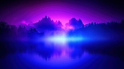 Naklejka premium Surreal purple and blue landscape with misty mountains reflected in a calm lake at night.