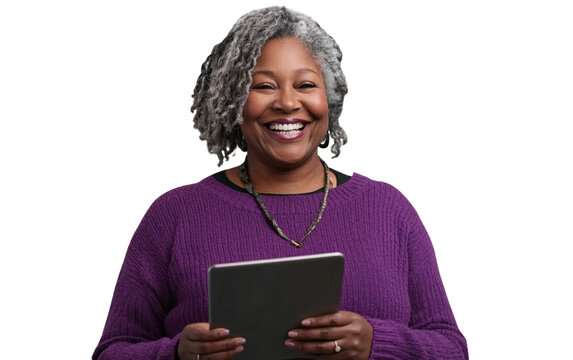 Laughing woman in a purple sweater holding a tablet horizontally, exuding joy and confidence, with a clean white background.

 - Powered by Adobe