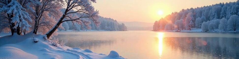 Soft morning sun shines on frozen lakes and winter trees white, snow, scenery, tree branches