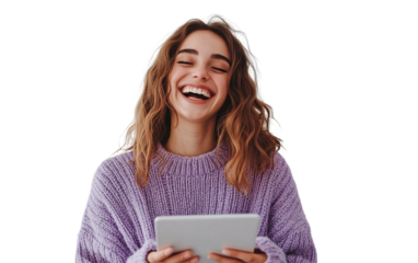 Laughing woman in a purple sweater holding a tablet horizontally, exuding joy and confidence, with a clean white background.

