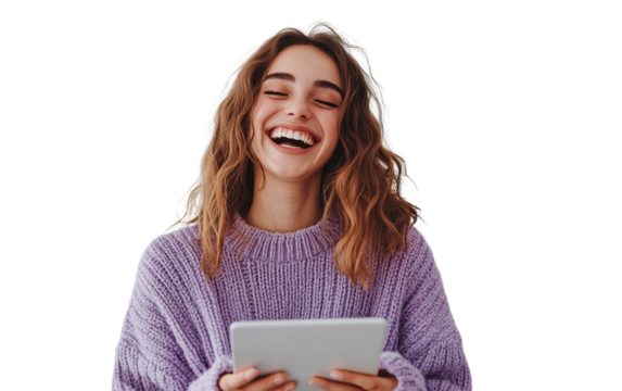 Laughing woman in a purple sweater holding a tablet horizontally, exuding joy and confidence, with a clean white background.

