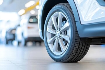 A close-up view of a car wheel in a showroom, showcasing the tire tread and alloy rim against a blurred background of other vehicles.