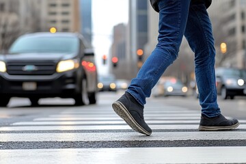 Fototapeta premium A person walks across a busy city crosswalk as cars approach, highlighting urban life and pedestrian safety.