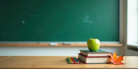 Obraz premium A fresh green apple rests atop a stack of books, accompanied by colored pencils and an autumn leaf on a classroom desk in front of a chalkboard.
