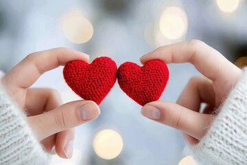 Fototapeta premium Two hands hold red knitted hearts, symbolizing love and connection, set against a softly blurred background of warm lights.