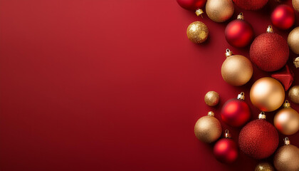 christmas ornaments with crimson and gold balls on a red historical past with replica area