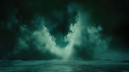Fototapeta premium Dark teal stormy ocean waves and clouds forming a V-shape.