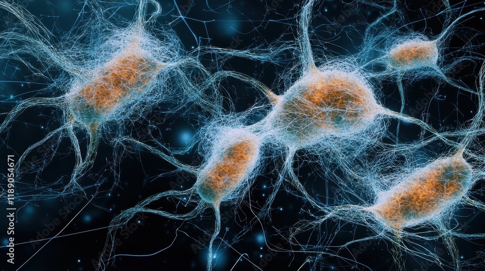 Poster microscopic view of intricate neural network connections a detailed look at neuron cells and their c