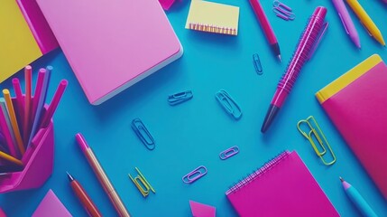 Colorful stationery supplies arranged on a blue background.