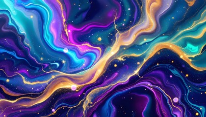 Obraz premium Vibrant fluid art background with golden accents - symbolizes cosmic elegance and creativity - suitable for digital design, website backgrounds, or art prints