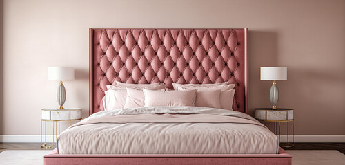 A luxury upholstered bed in soft pink velvet with a high headboard, paired with gold accents, on a plain ivory background.
