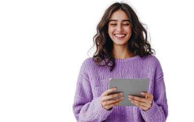 Laughing woman in a purple sweater holding a tablet horizontally, exuding joy and confidence, with a clean white background.