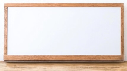 Blank whiteboard with wooden frame on wood surface.