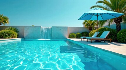 Relaxing Oasis Sparkling Pool, Waterfall Feature, and Luxurious Lounge Chairs under a Blue Patio Umbrella