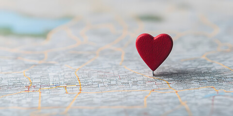 Red heart pin on a detailed map, symbolizing travel, love, or a special destination.