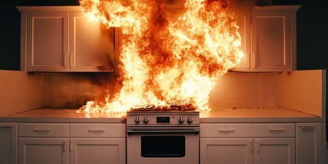 Wildfires. Kitchen engulfed in flames, showcasing a dangerous fire hazard in a domestic setting.