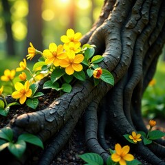 Sunlit yellow flowers on a gnarled tree trunk with roots, botanicals, roots