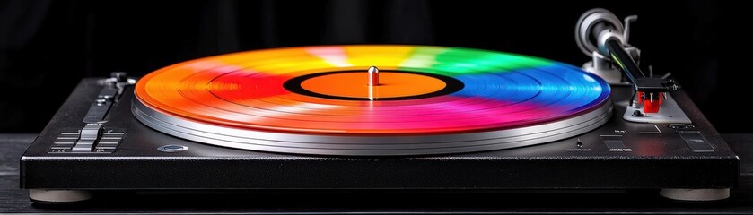 Colorful Vinyl Record on Turntable with Vibrant Gradient Design and Black Background