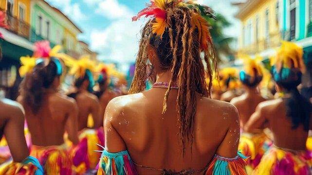 Vibrant frevo dancers at Recife street carnival, adorned with colorful feather costumes and rhythmic movements in lively festival lights.