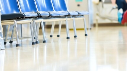 Row of blue chairs in a waiting area with shiny floor.