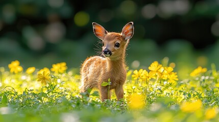 Adorable Fawn Standing in a Yellow Flower Meadow