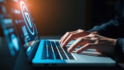 cybersecurity, hacker, laptop, dark room, glowing blue screen, hands typing, binary code, digital padlock icon, encrypted data, cyber threat, technology, computer security, dramatic lighting, futurist