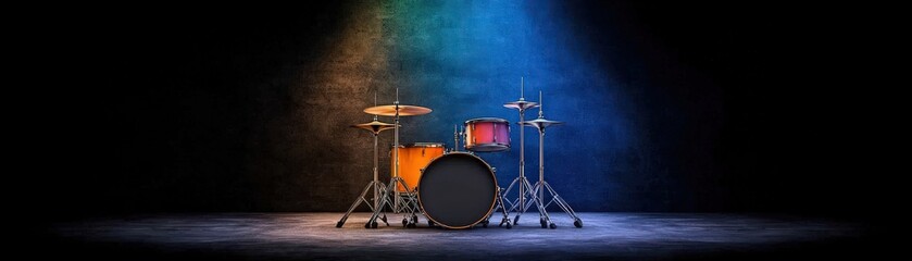 Empty Drum Set on Stage with Dramatic Lighting and Colorful Background in Nightclub Environment