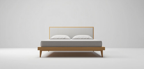 A modern platform bed with a low profile wooden frame and a light gray upholstered headboard, set against a solid matte white background.