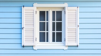 White window shutters open on light blue siding.