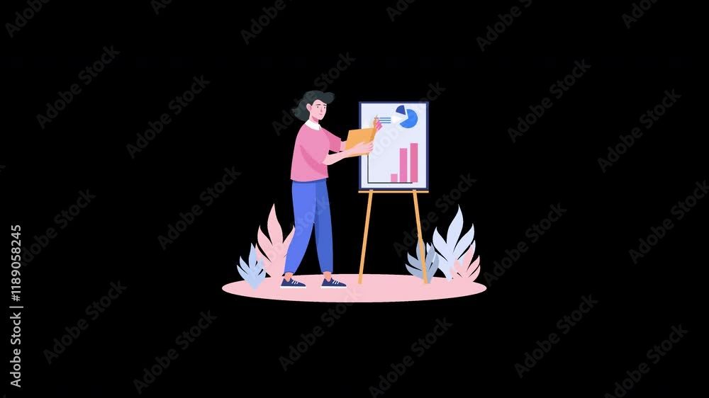 Aufkleber a person presenting data on a chart, showcasing a graph, in a colorful and engaging animated style.