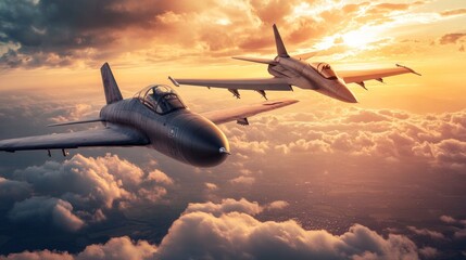 Charming scene of a vintage aircraft flying alongside a modern fighter jet, illustrating the evolution of flight