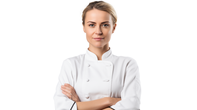 A portrait of an attractive female chef in a white uniform with folded arms, showcasing professionalism and culinary expertise in a bright and clean setting