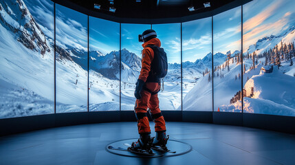 High-Tech Ski Simulator with VR Headset and Snowy Mountain Scenery &ndash; Immersive Winter Experience