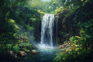 Obraz premium Lush Tropical Waterfall Cascading into Tranquil Pool