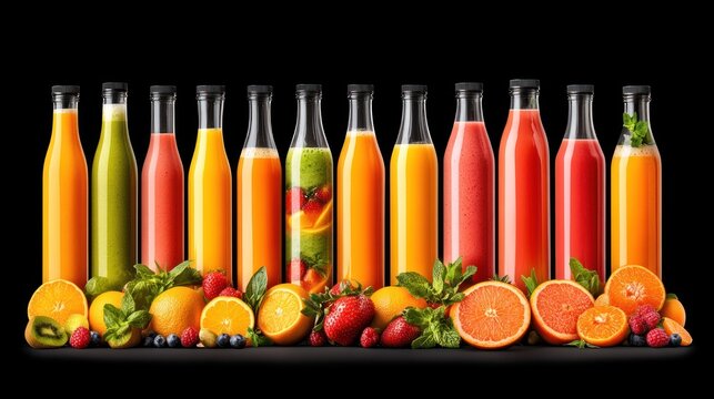 Colorful fruit juice bottles arranged in a row with fresh fruits.