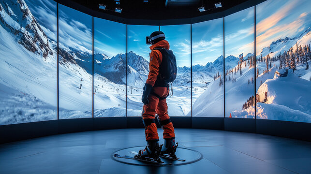 High-Tech Ski Simulator with VR Headset and Snowy Mountain Scenery – Immersive Winter Experience