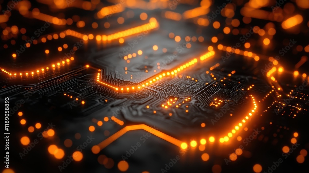Poster abstract close-up of a circuit board illuminated with orange lights.