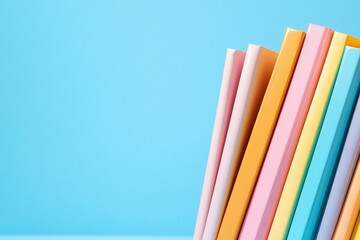 Fototapeta premium Colorful books stacked, blue background, education concept, website banner
