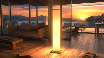 Fototapeta premium Sunset view from modern apartment living room with illuminated floor lamp.