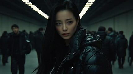 Naklejka premium Woman in black puffer jacket stares intensely in a dark hallway, blurred crowd behind.
