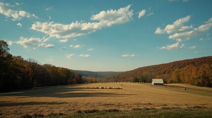 Obraz premium Autumnal farm landscape with hay bales, barn, and fall foliage under a partly cloudy sky.