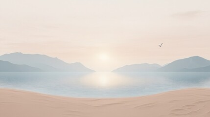 Serene Sunset Beach Landscape, Mountains, Ocean, and Sky