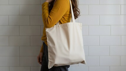 Plain beige canvas tote bag held by a woman, perfect for mockups, branding and sustainable product promotions with a clean and minimalist theme